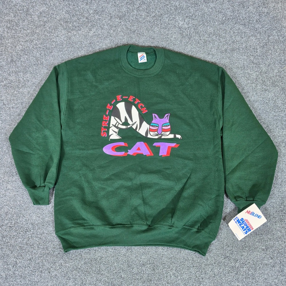 Vintage Jerzees Super Sweats Stretching Cat Sweatshirt XL Green Made in USA NWT
